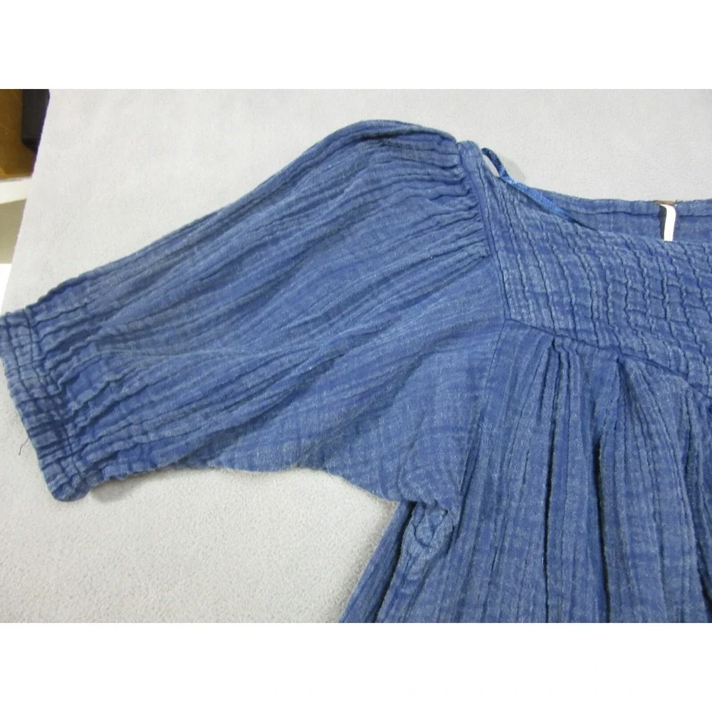 Free People Dress Womens XS Blue Peasant Mini Square Neck Puff Sleeve Frayed Hem
